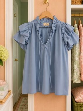 Sofia Light Blue Ruffle Tie-Neck Blouse like new no flaws